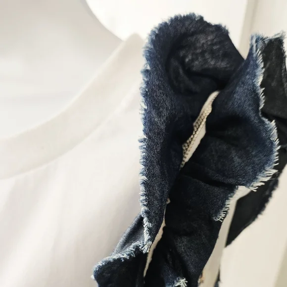 Alberto Makali White Blouse Denim Ruffle Sleeves Chic Statement Top - Picture 10 of 10